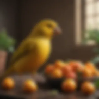 Nutritional Delights for Your Canary Colorful canary feeding on fresh fruits and seeds