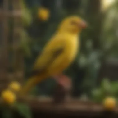 Vibrant canary perched on a branch in a beautifully decorated cage