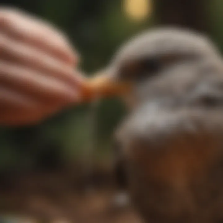 A close-up of a bird being stroked softly, showcasing trust.