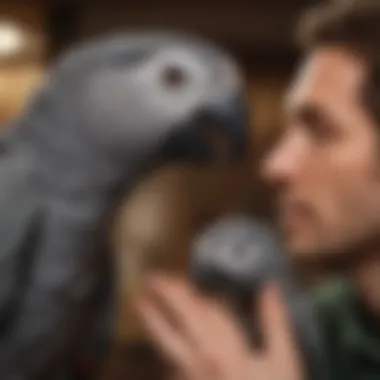 A close-up of an African Grey parrot interacting with its owner