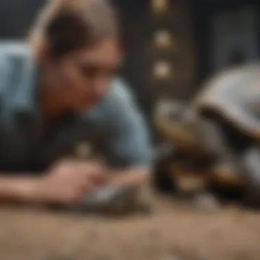 Turtle owner observing their pet carefully