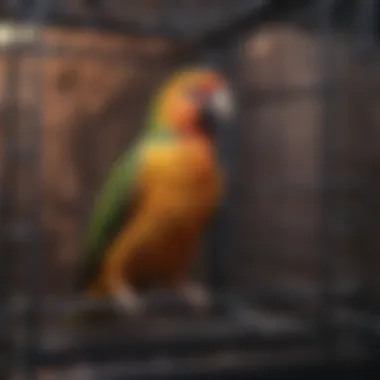 A well-organized flight cage with accessories for bird comfort