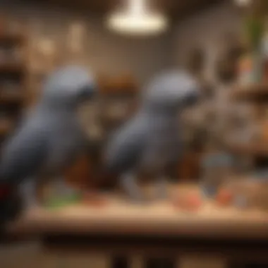 A cozy corner setup in an African Grey shop with toys and accessories for avian companions.