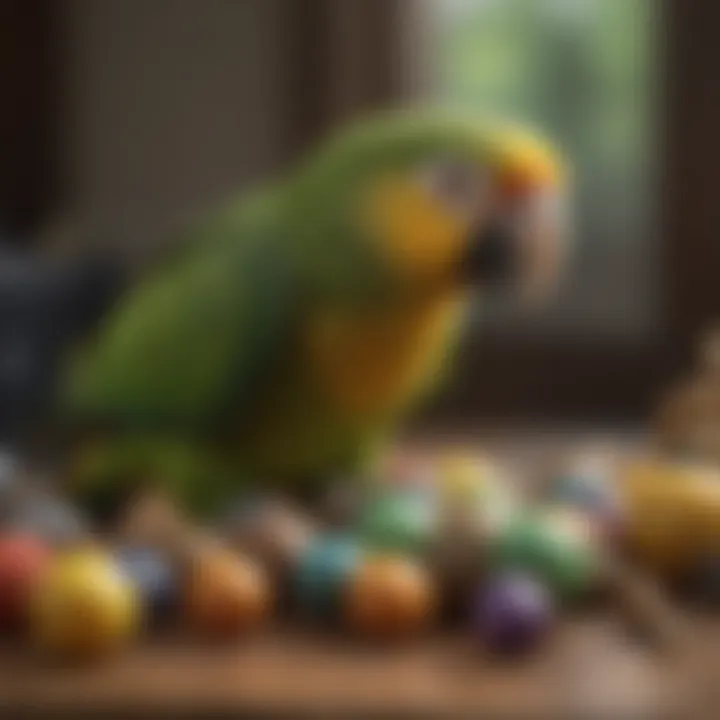 Amazon parrot engaging in play with toys