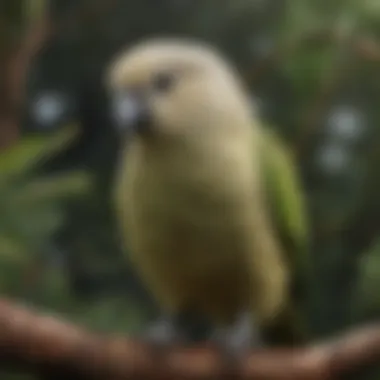 A close-up view of the striking Kakapo parrot perched on a branch.