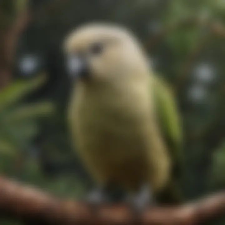 A close-up view of the striking Kakapo parrot perched on a branch.