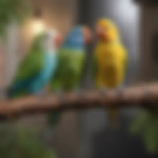 Colorful parakeets perched on a branch showcasing their vibrant feathers