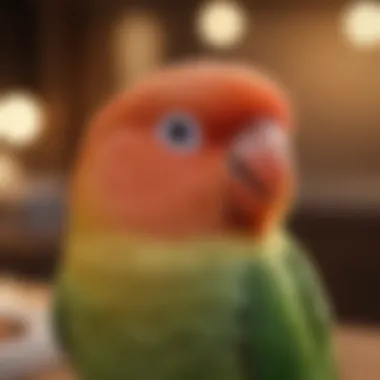 A close-up of a lovebird nestled comfortably in a cozy setting