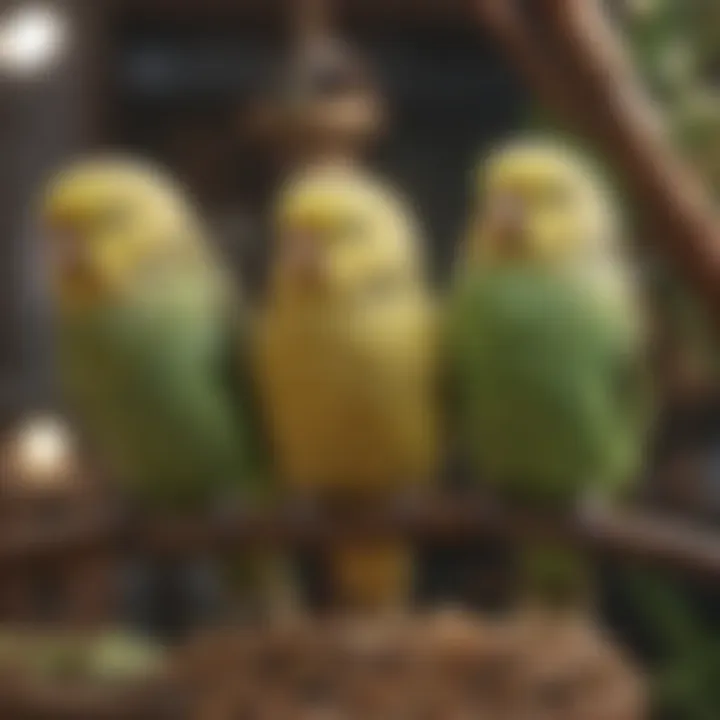 Colorful budgerigars sitting in a cozy aviary