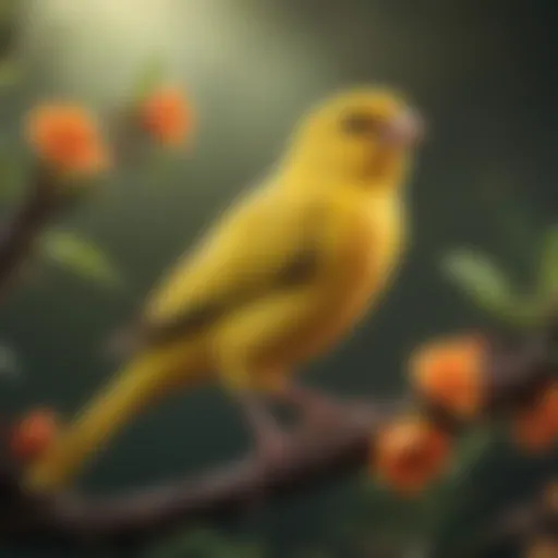 A vibrant canary perched on a colorful branch, showcasing its bright plumage.