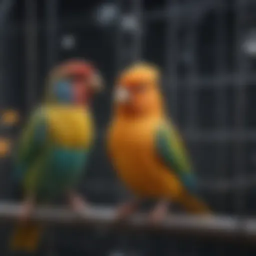 Colorful pet birds perched on a clean cage