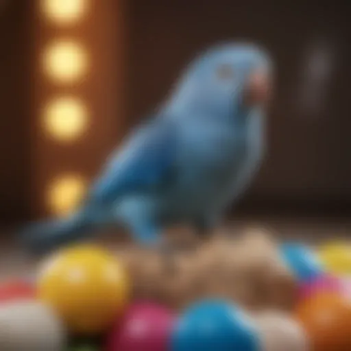 A blue parakeet perched on a colorful toy