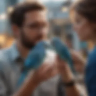 A person gently interacting with a blue parakeet