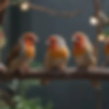 Finches Enjoying Their Aviary Space Diverse finch species perched on aviary mesh