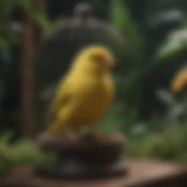 Melodies of the Canary A serene canary singing in its cage, surrounded by natural greenery