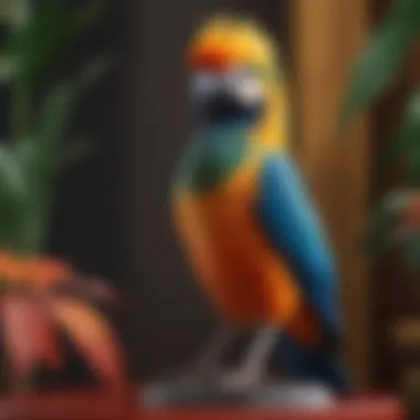 An exotic bird with striking plumage resting on a colorful bird stand