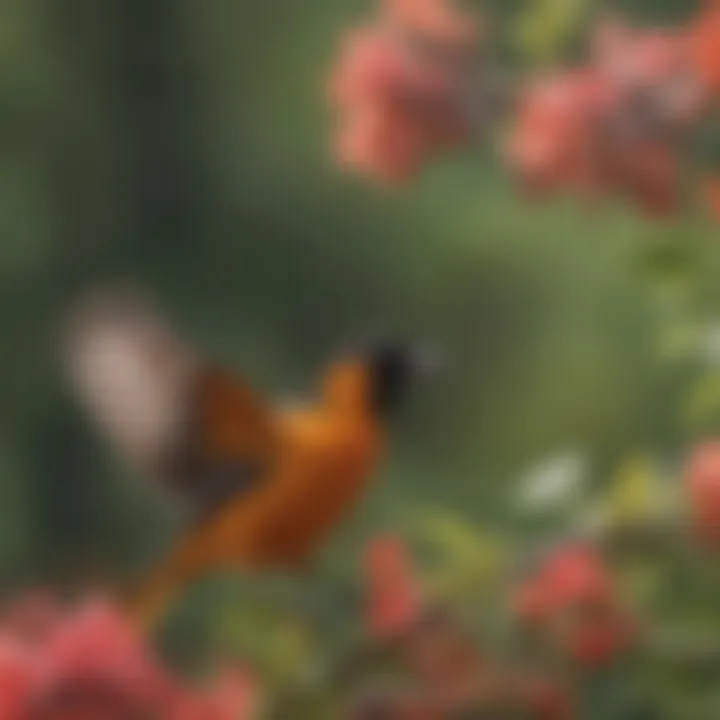 Baltimore Oriole flying near a blooming flower