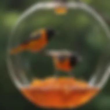 Close-up of jelly in a feeder attracting Baltimore Orioles