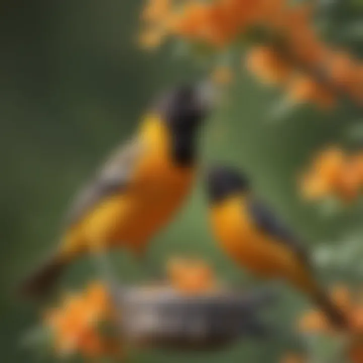 A close-up of Baltimore Oriole feeding from a nectar feeder