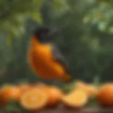 Baltimore Oriole perched on a vibrant orange fruit