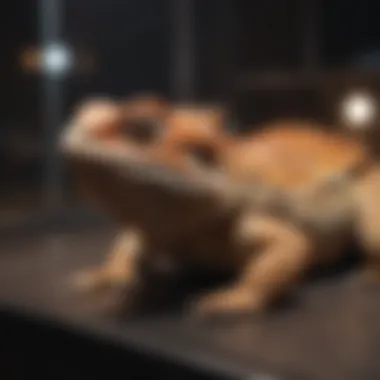 Bearded dragon resting comfortably in a travel enclosure