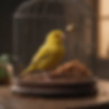 A serene setting with a canary in a cozy cage