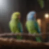 Colorful parakeets perched together