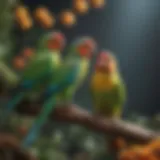 Colorful parakeets perched together in a vibrant setting.