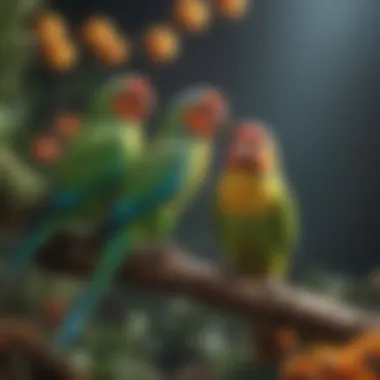 Colorful parakeets perched together in a vibrant setting.