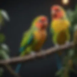 Colorful parakeets perched on a branch