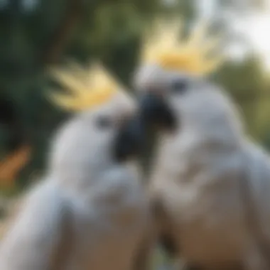 A serene cockatoo sitting on a shoulder