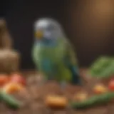 A vibrant assortment of budgie food including seeds, pellets, and fresh vegetables.