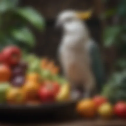 Colorful assortment of fresh fruits and vegetables for cockatoos