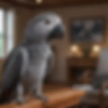 A charming African Grey parrot showcasing its speaking ability in a cozy living room setting.