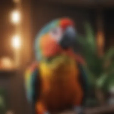 Colorful Parrot Displaying Vocal Talents A vibrant parrot perched on a branch, showcasing its colors and intelligence.
