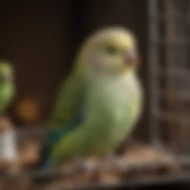 Budgerigar in a Peaceful Habitat A gentle budgerigar nestled in a cozy cage, representing an ideal quiet pet bird.