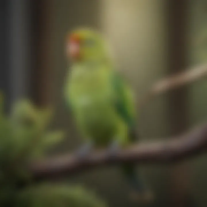 A serene parakeet perched quietly on a branch, showcasing its calm demeanor.