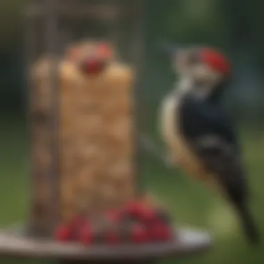 Close-up of a woodpecker pecking at a suet cake in a backyard feeder.