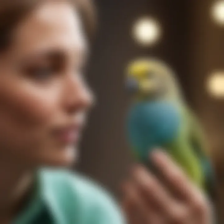 A joyful budgerigar interacting with its owner, demonstrating its friendly nature and intelligence.