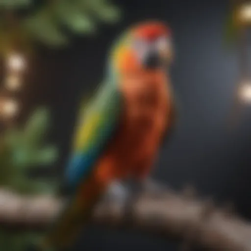 A vibrant parrot perched on a branch, showcasing its colorful feathers and curious demeanor.