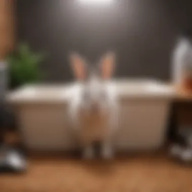 A serene bunny resting in a well-organized litter box setup