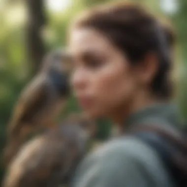 A bird perched on a caregiver's shoulder