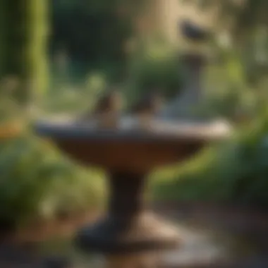 Variety of Bird Baths in a Garden Different styles of bird baths arranged in a garden setting