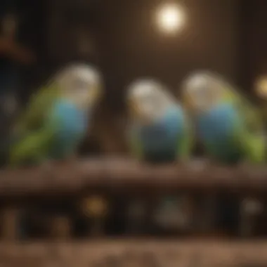 A group of budgerigars interacting and displaying social behaviors.