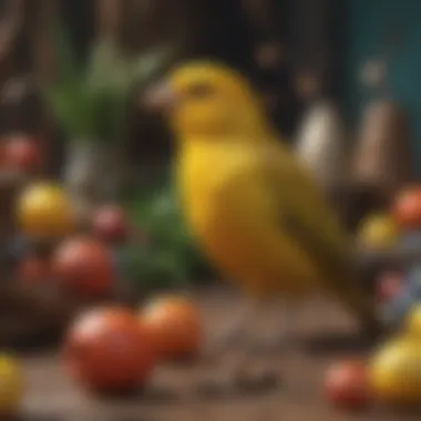 A canary exploring a colorful and enriching environment filled with toys.