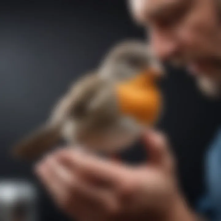 A close-up of a veterinarian examining a small bird, highlighting emergency medical attention.