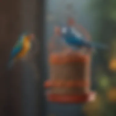 A pet bird perched on a colorful bird feeder cage.