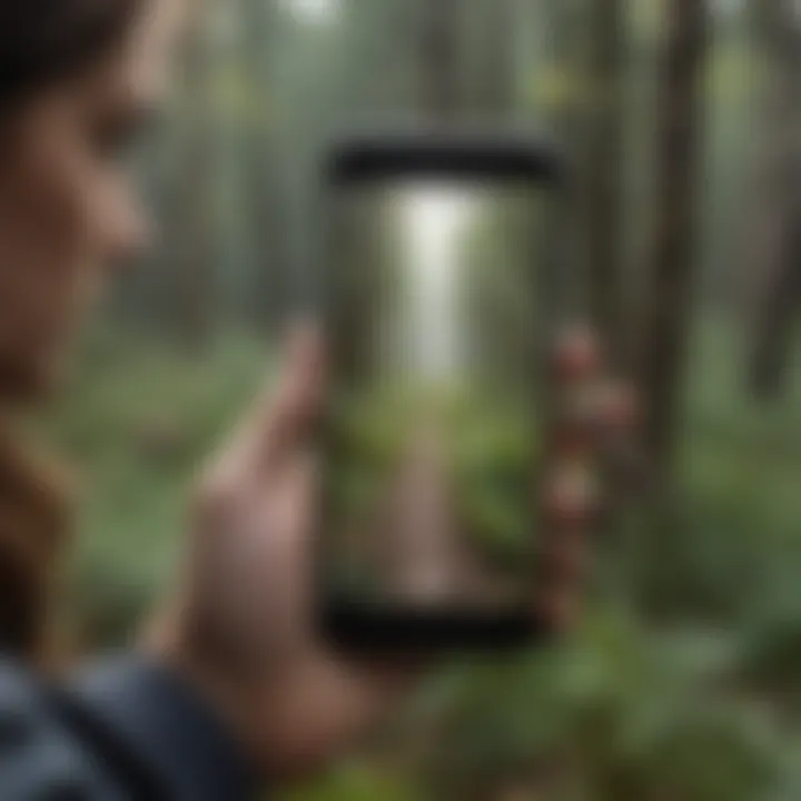 A person using a smartphone app to identify bird calls in a natural setting.