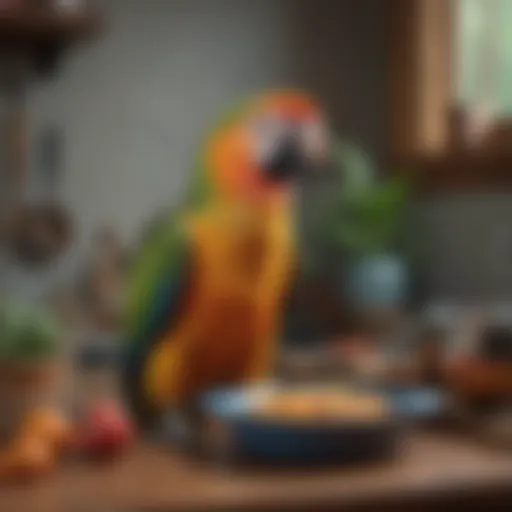 A vibrant parrot perched beside a collection of bird-safe cookware.