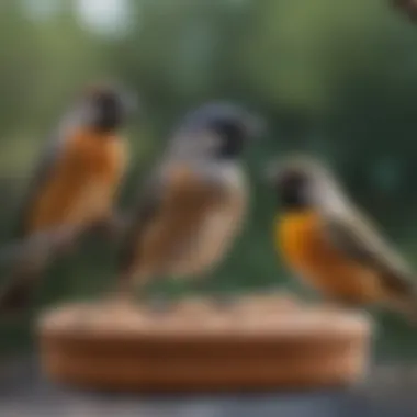 Close-up of birds enjoying suet from a feeder, illustrating their natural behavior